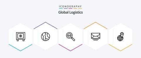 Global Logistics 25 Line icon pack including global. message. geography. email. magnifying vector