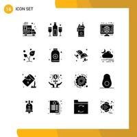 Pictogram Set of 16 Simple Solid Glyphs of screen globe champagne camping communication Editable Vector Design Elements