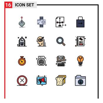 conjunto moderno de 16 líneas y símbolos rellenos de color plano, como el desarrollo de archivos de video de flecha de bloqueo, elementos de diseño de vectores creativos editables