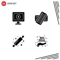 Pack of 4 Modern Solid Glyphs Signs and Symbols for Web Print Media such as monitor baking medicine tablet bread rolling pin Editable Vector Design Elements