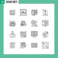 Set of 16 Vector Outlines on Grid for autobus leaf digital environment agriculture Editable Vector Design Elements