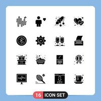 Set of 16 Vector Solid Glyphs on Grid for computer like ball heart leaf Editable Vector Design Elements