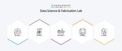 paquete de iconos de 25 líneas de laboratorio de fabricación y ciencia de datos que incluye impresión. digital. investigar. producción. laboratorio vector