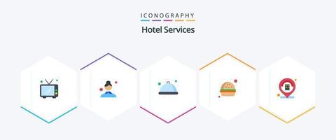 paquete de 25 iconos planos de servicios de hotel que incluye . hotel. atender. edificio. hamburguesa vector