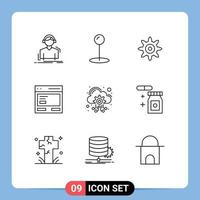 Set of 9 Commercial Outlines pack for services hosting gear cloud interface Editable Vector Design Elements