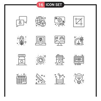 paquete de 16 signos y símbolos de contornos modernos para medios de impresión web, como la interfaz de desarrollo de diseño de flores, elementos de diseño de vectores editables de cultivos