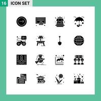 Set of 16 Modern UI Icons Symbols Signs for game umbrella phone protection food Editable Vector Design Elements