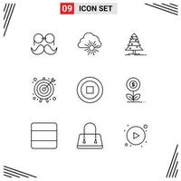 Mobile Interface Outline Set of 9 Pictograms of basic target sun goal x mas Editable Vector Design Elements