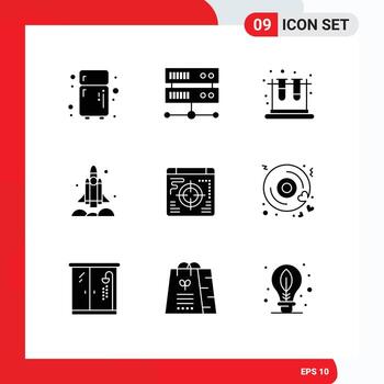 Modern Set of 9 Solid Glyphs and symbols such as target web test usa spaceship Editable Vector Design Elements