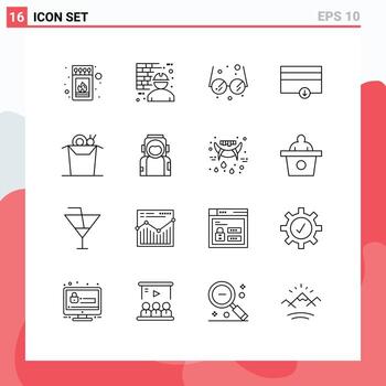 16 Universal Outlines Set for Web and Mobile Applications cup noodle worker payment finance Editable Vector Design Elements