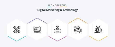 paquete de iconos de 25 líneas de marketing digital y tecnología que incluye robótica. robot. dispositivo. robótico humano vector