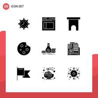 Pack of 9 creative Solid Glyphs of cookie store secure shop institute building Editable Vector Design Elements