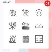 Pack of 9 Modern Outlines Signs and Symbols for Web Print Media such as construction apartment dish santa celebration Editable Vector Design Elements