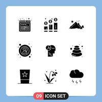 Mobile Interface Solid Glyph Set of 9 Pictograms of head unknown mountain anonymous scene Editable Vector Design Elements