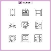 Set of 9 Modern UI Icons Symbols Signs for wallet bitcoin desk travel bike Editable Vector Design Elements