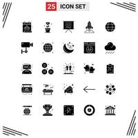 Group of 25 Solid Glyphs Signs and Symbols for globe launch board startup rocket Editable Vector Design Elements