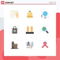 paquete de 9 signos y símbolos de colores planos modernos para medios de impresión web, como el envío de bolsas de mano, regalos de bombillas, elementos de diseño de vectores editables de Navidad