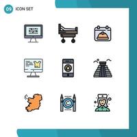 Mobile Interface Filledline Flat Color Set of 9 Pictograms of notification monitor medical screen date Editable Vector Design Elements