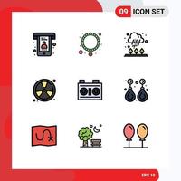 Pack of 9 Modern Filledline Flat Colors Signs and Symbols for Web Print Media such as media float cloud fireman fighter Editable Vector Design Elements