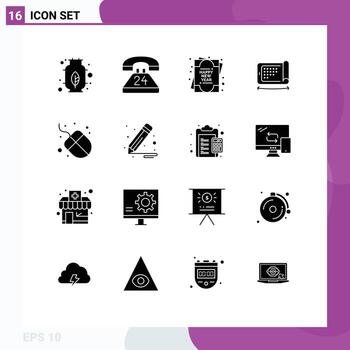 paquete de interfaz de usuario de 16 glifos sólidos básicos de tarjeta de computadora de ratón felexibel mostrar elementos de diseño vectorial editables vector