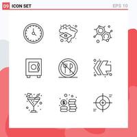 Mobile Interface Outline Set of 9 Pictograms of no food chemist eating lock Editable Vector Design Elements