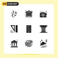 Universal Icon Symbols Group of 9 Modern Solid Glyphs of cell tools digital geometrical lens Editable Vector Design Elements