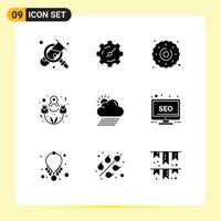 Pictogram Set of 9 Simple Solid Glyphs of sun rain dessert cloud happy Editable Vector Design Elements