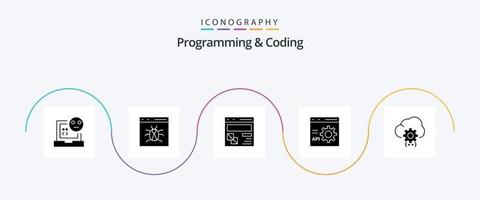 Programming And Coding Glyph 5 Icon Pack Including develop. browser. develop. webpage. development vector