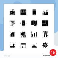 Group of 16 Modern Solid Glyphs Set for printer statistics device shopping chart Editable Vector Design Elements