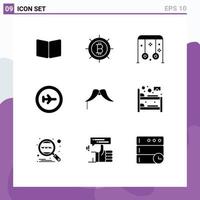 Group of 9 Solid Glyphs Signs and Symbols for hipster travel park transportation beach Editable Vector Design Elements