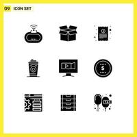 Pack of 9 Modern Solid Glyphs Signs and Symbols for Web Print Media such as video monitor cash receipt black coffee mug Editable Vector Design Elements