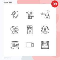 Pack of 9 Modern Outlines Signs and Symbols for Web Print Media such as recycle junk data deleted pencil Editable Vector Design Elements