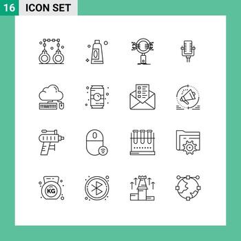 Modern Set of 16 Outlines Pictograph of keyboard song search record microphone Editable Vector Design Elements