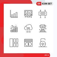 Group of 9 Outlines Signs and Symbols for coding investments construction banner gains analytics Editable Vector Design Elements