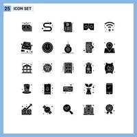 Mobile Interface Solid Glyph Set of 25 Pictograms of coffee movie left vr sheet Editable Vector Design Elements