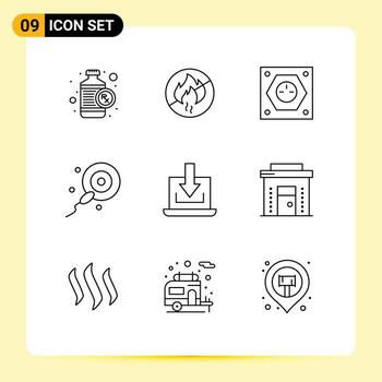 Pack of 9 Modern Outlines Signs and Symbols for Web Print Media such as arrow bio electric sperms socket Editable Vector Design Elements