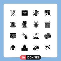 Group of 16 Modern Solid Glyphs Set for interior finance board economy travel Editable Vector Design Elements