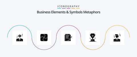 elementos comerciales y símbolos metáforas glifo 5 paquete de iconos que incluye al hombre de negocios. premio. convenio. trofeo. papel vector