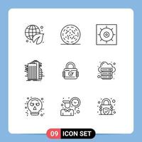 Set of 9 Vector Outlines on Grid for padlock internet control connected technology Editable Vector Design Elements