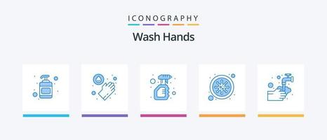 Wash Hands Blue 5 Icon Pack Including washing. hands. spray. blood. coronavirus. Creative Icons Design vector