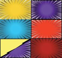 Comic book colorful frames background with halftone rays radial and dotted effects pop art style vector