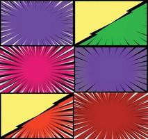 Comic book colorful frames background with halftone rays radial and dotted effects pop art style vector