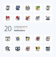 Paquete de iconos de color relleno de línea de 20 notificaciones como alerta de notificación de alarma de seguridad de archivo vector