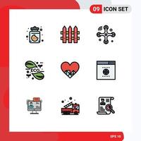 Filledline Flat Color Pack of 9 Universal Symbols of like heart drone science green Editable Vector Design Elements