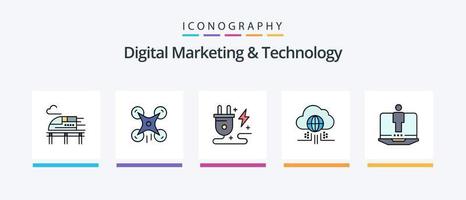 La línea de tecnología y marketing digital llenó un paquete de 5 íconos que incluye seguridad. felexibel virtual. tecnología. móvil. diseño de iconos creativos vector