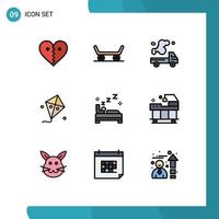 Mobile Interface Filledline Flat Color Set of 9 Pictograms of bedroom spring truck kite fly Editable Vector Design Elements