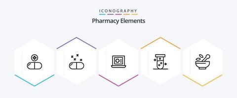 paquete de iconos de 25 líneas de elementos de farmacia que incluye laboratorio. médico . pastillas tubo . medicamento vector