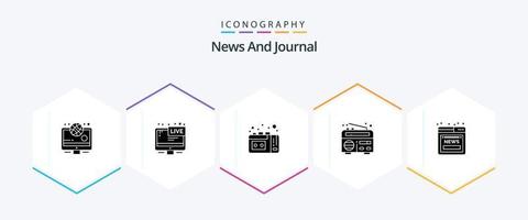 paquete de iconos de 25 glifos de noticias que incluye web. Noticias. grabación de cinta artículo. Noticias vector