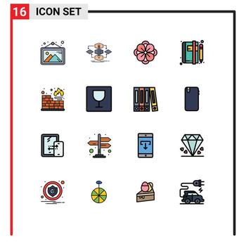 paquete de 16 líneas llenas de colores planos modernos, signos y símbolos para medios de impresión web, como artículos de noticias, libros de procesos, flores de primavera, elementos de diseño de vectores creativos editables