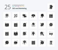 seo 25 paquete de iconos de glifos sólidos que incluye bombilla. visto. equipo de apoyo. buscar. engranaje vector